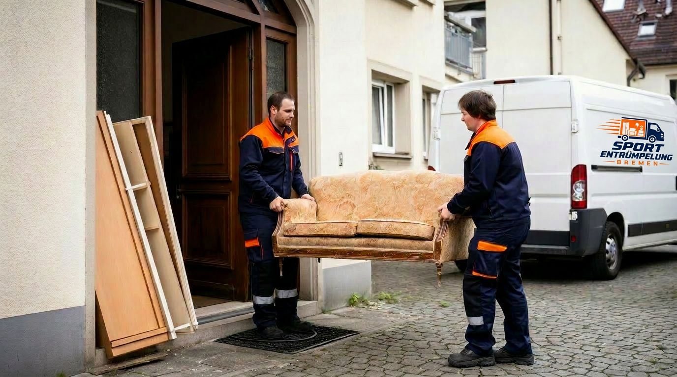 Zwei Mitarbeiter in dunkelblau-oranger Arbeitskleidung tragen ein altes Sofa aus einem Hauseingang in einen weißen Transporter